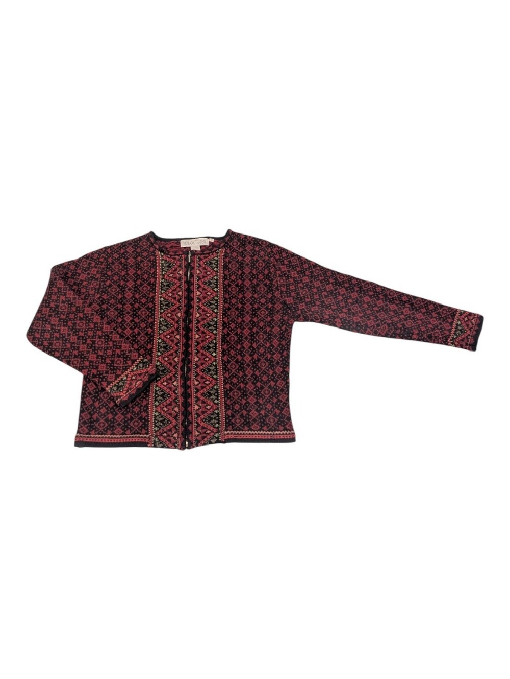 Nomadic Traders Zip Up Red/Black Nordic Patterned Cardigan Sweater - Sz M